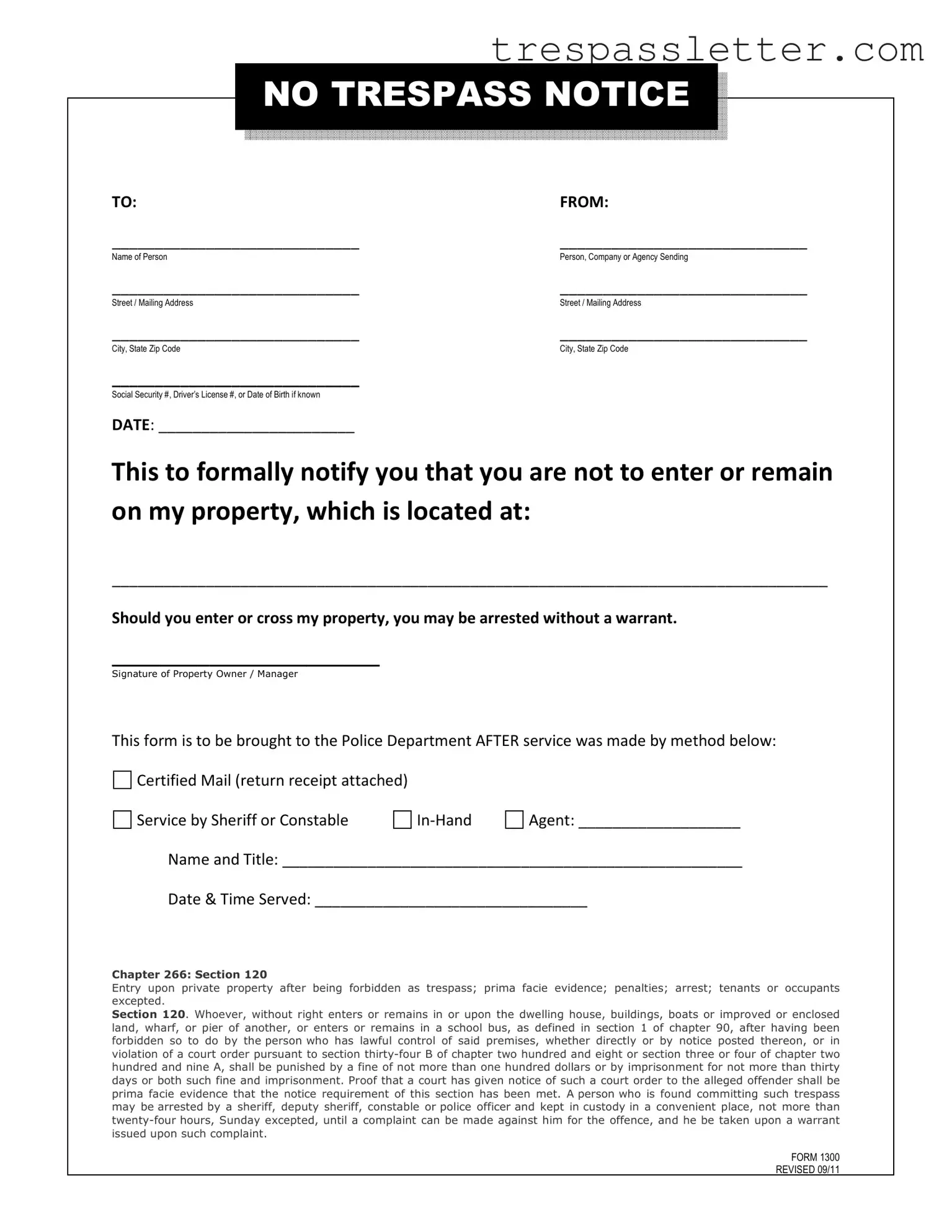 Fill a Valid No Trespassing Letter Template